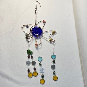 Handmade Copper Fish Hanging Mobile with Colored Glass Marbles and Discs